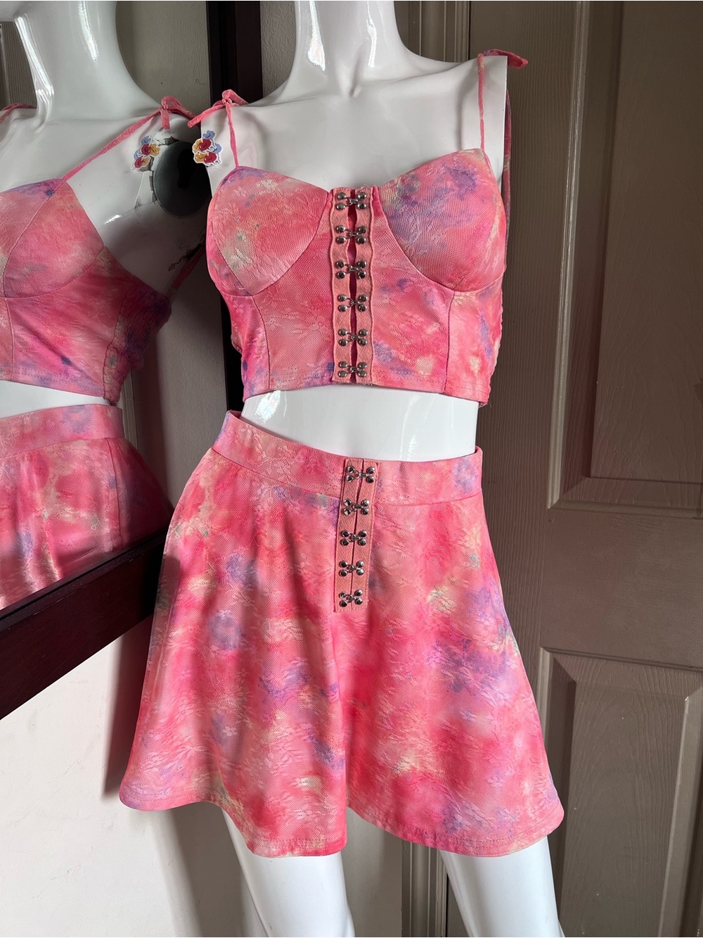 Pink Tie-Dye A-Line Mini Skirt and crop top